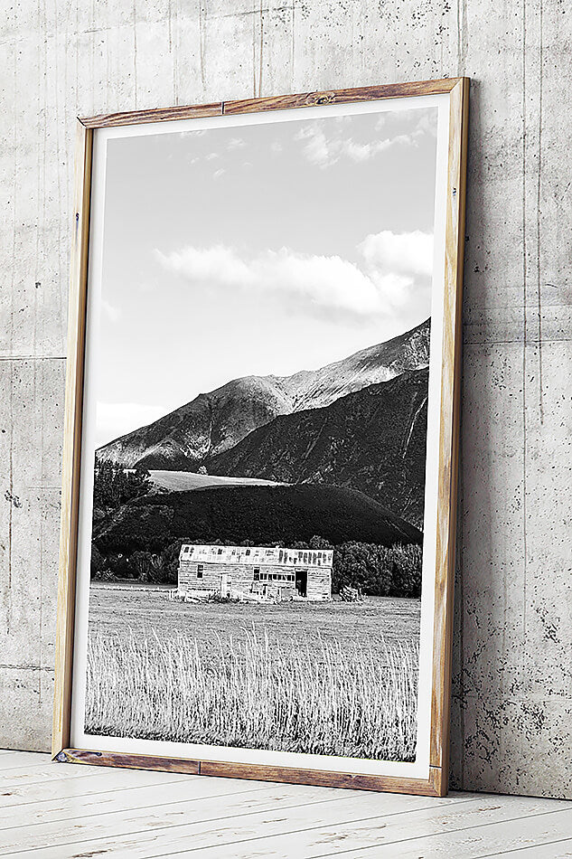 monochrome print black and white print of nature mountains in new zealand