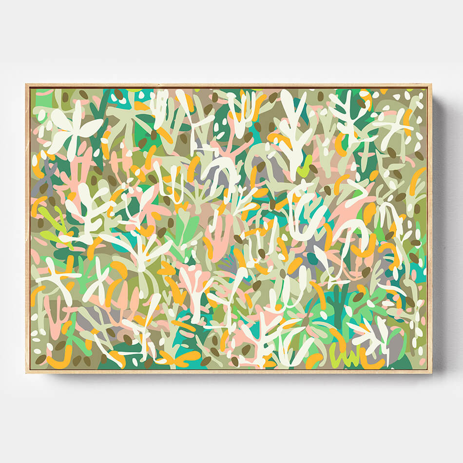 Abstract art print with colorful patterns on a white background