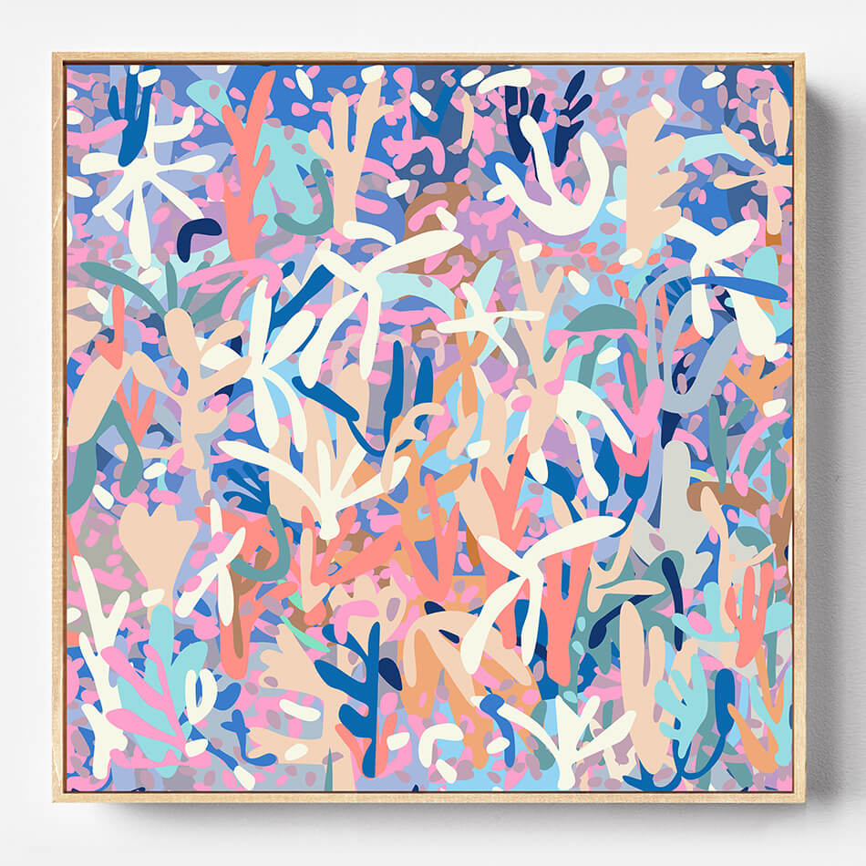 Framed abstract artwork with colorful coral-like patterns on a blue background