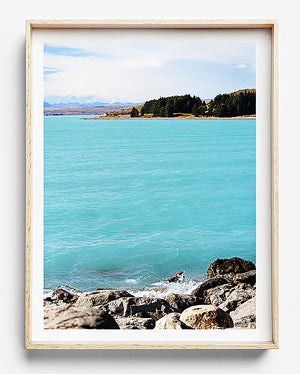 beach print lake tekapo new zealand south island photographic print of blue waters and rocks