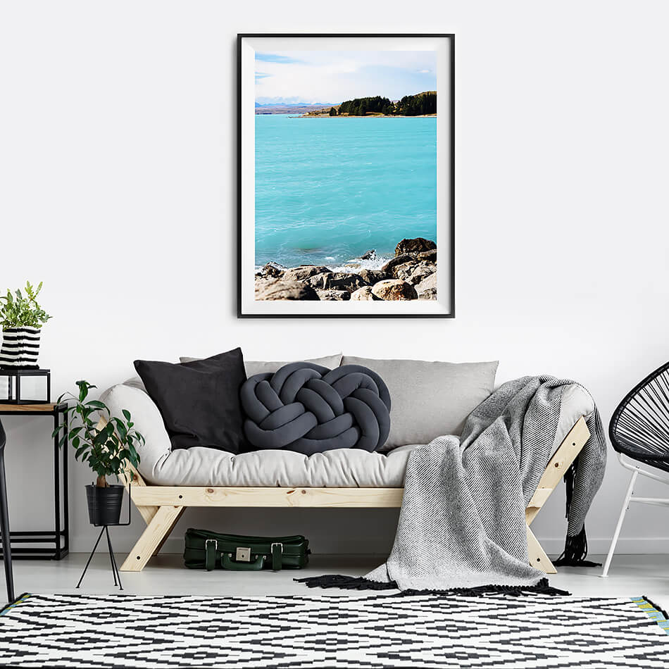 beach print lake tekapo new zealand south island photographic print of blue waters and rocks