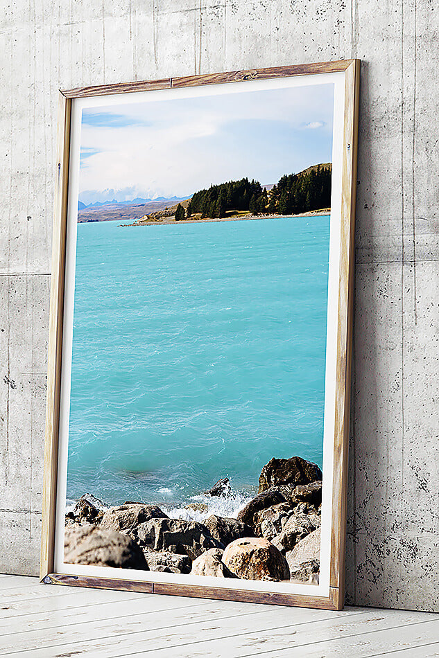 beach print lake tekapo new zealand south island photographic print of blue waters and rocks