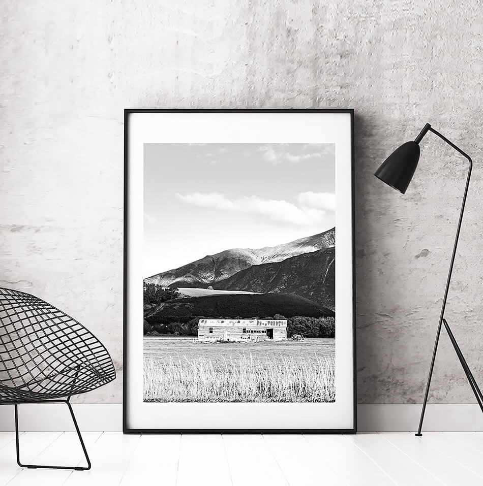 monochrome print black and white print of nature mountains in new zealand