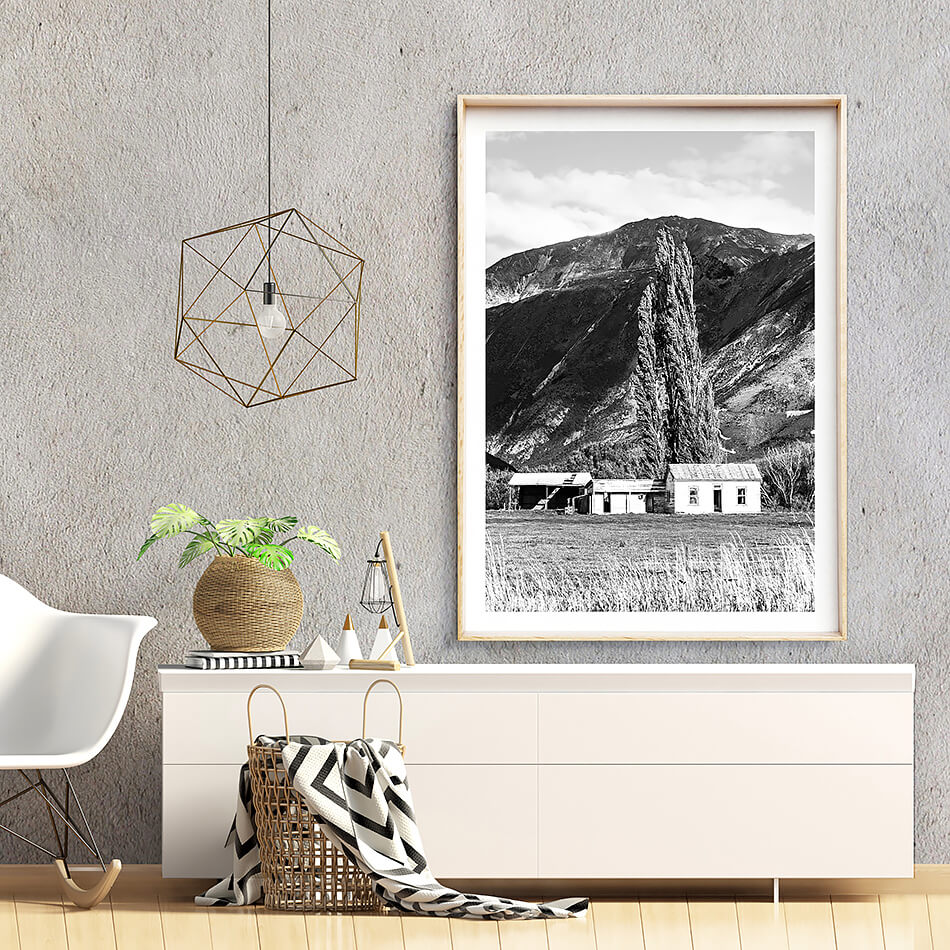 monochrome print black and white print of nature mountains in new zealand