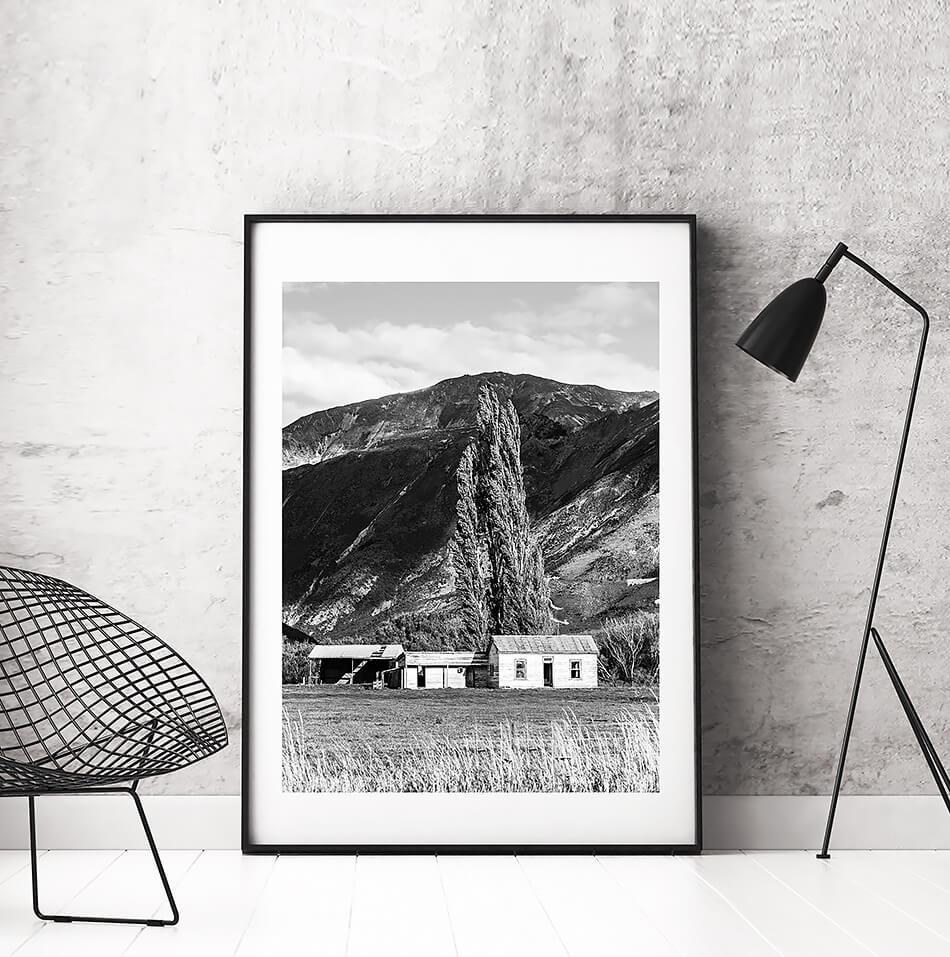 monochrome print black and white print of nature mountains in new zealand