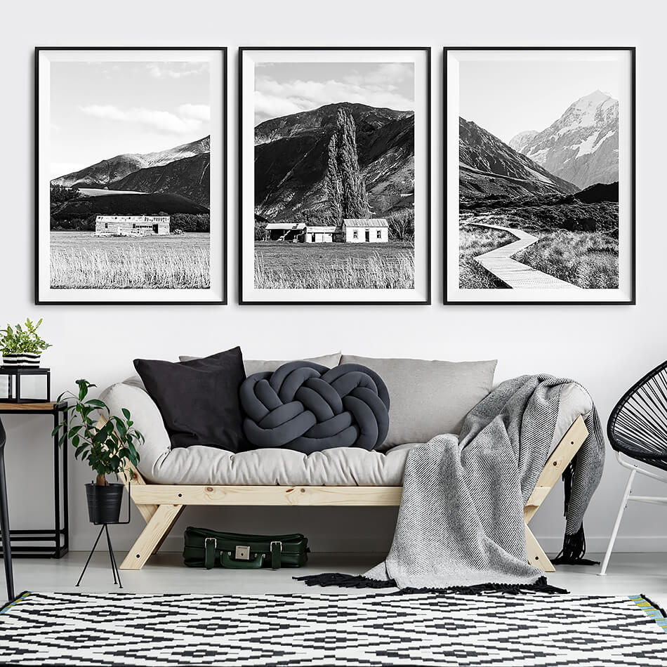 monochrome print black and white print of nature mountains in new zealand