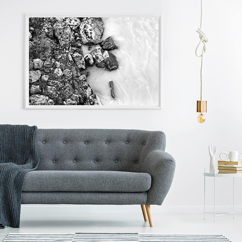 black and white photo print black and white interior print for wall of water in new zealand monochrome print