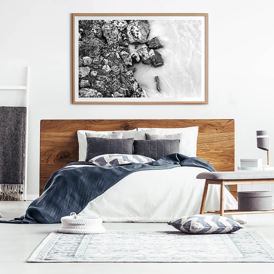 black and white photo print black and white interior print for wall of water in new zealand monochrome print