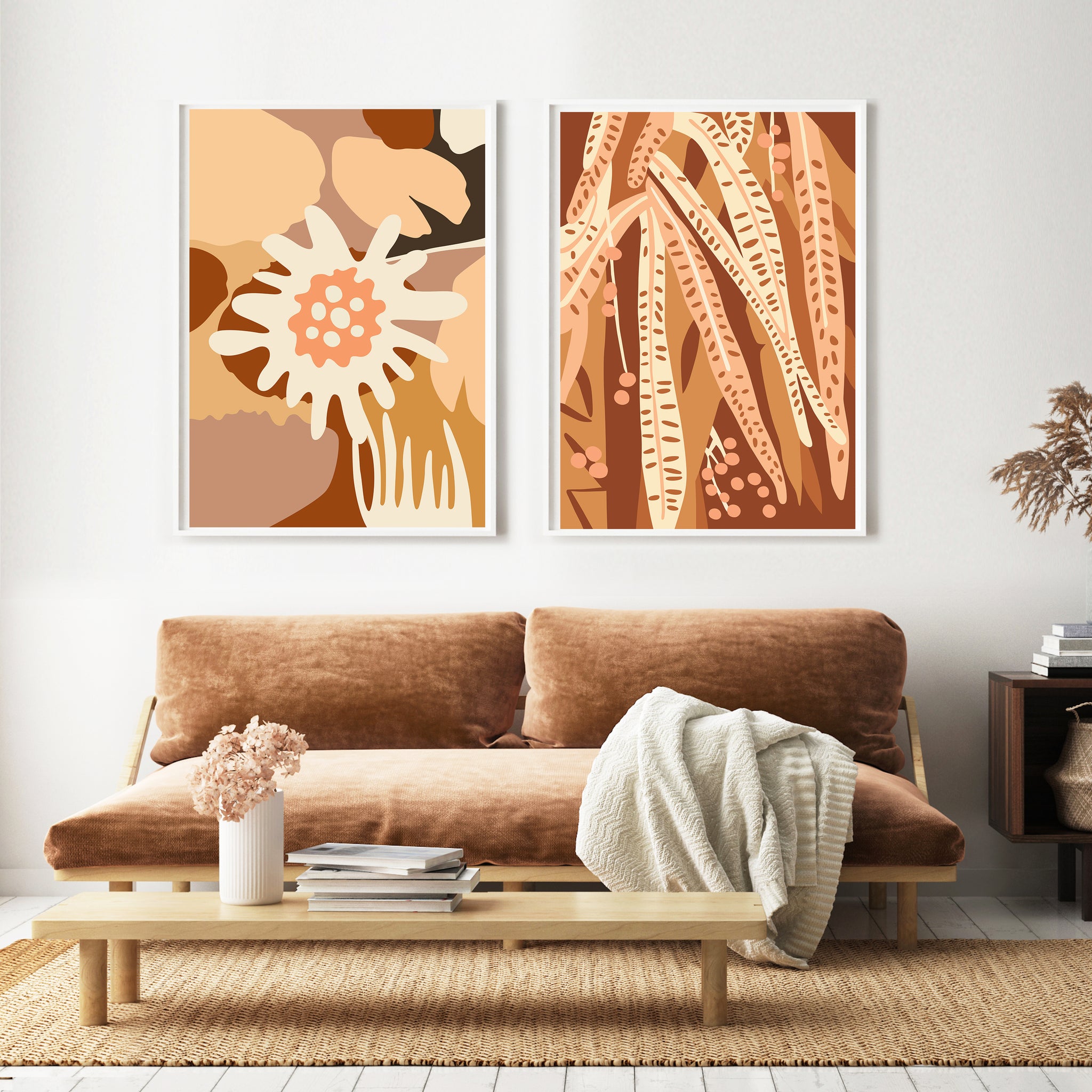 earthy toned art prints browns and reds and cream toned art print of flowers by Australian artist