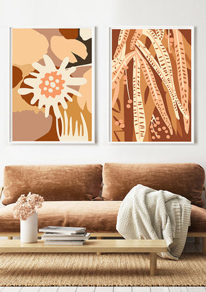 earthy toned art prints browns and reds and cream toned art print of flowers by Australian artist