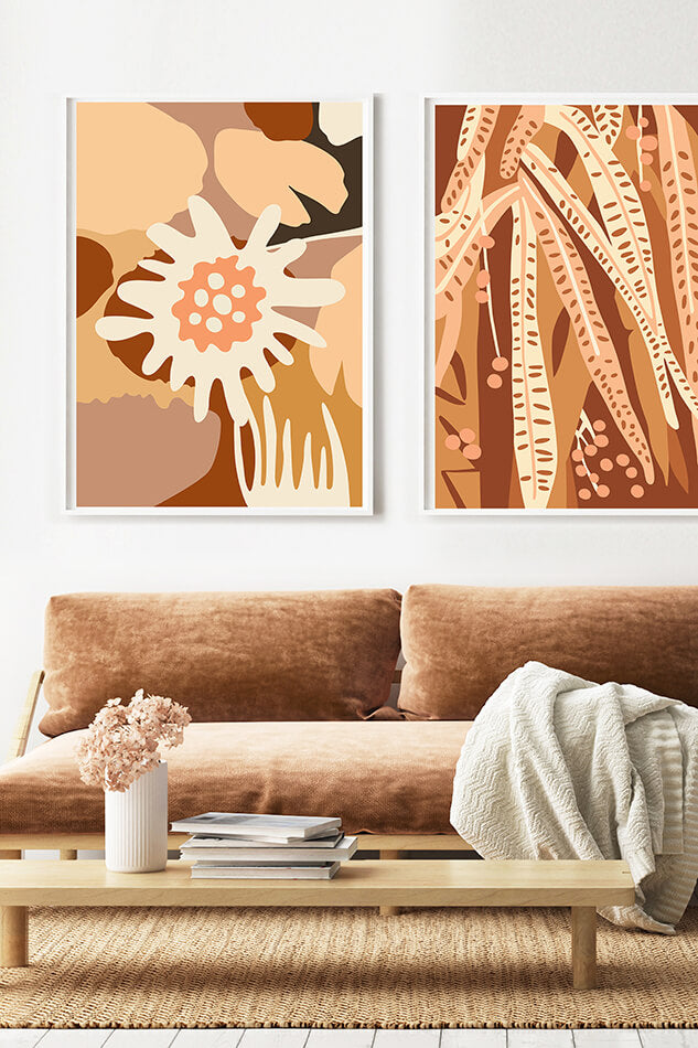 earthy toned art prints browns and reds and cream toned art print of flowers by Australian artist