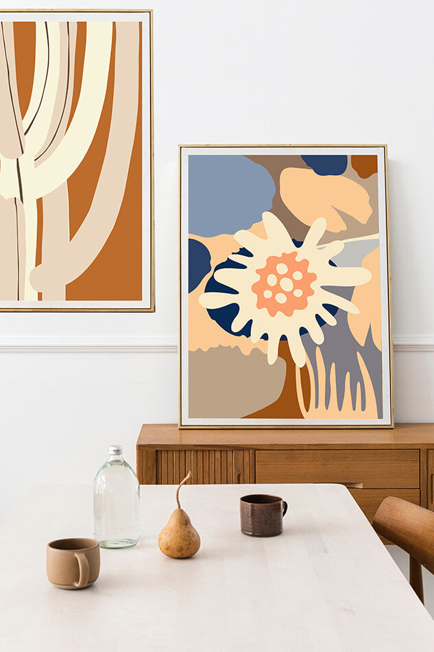 neutral toned earthy toned colourful artwork of flowers and cactus from australian artist